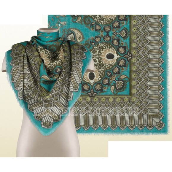 GUCCI SCARF SIGNATURE PAISLEY PRINT LINEN & COTTON SQUARE SHAWL 51" x 51" - Picture 1 of 8